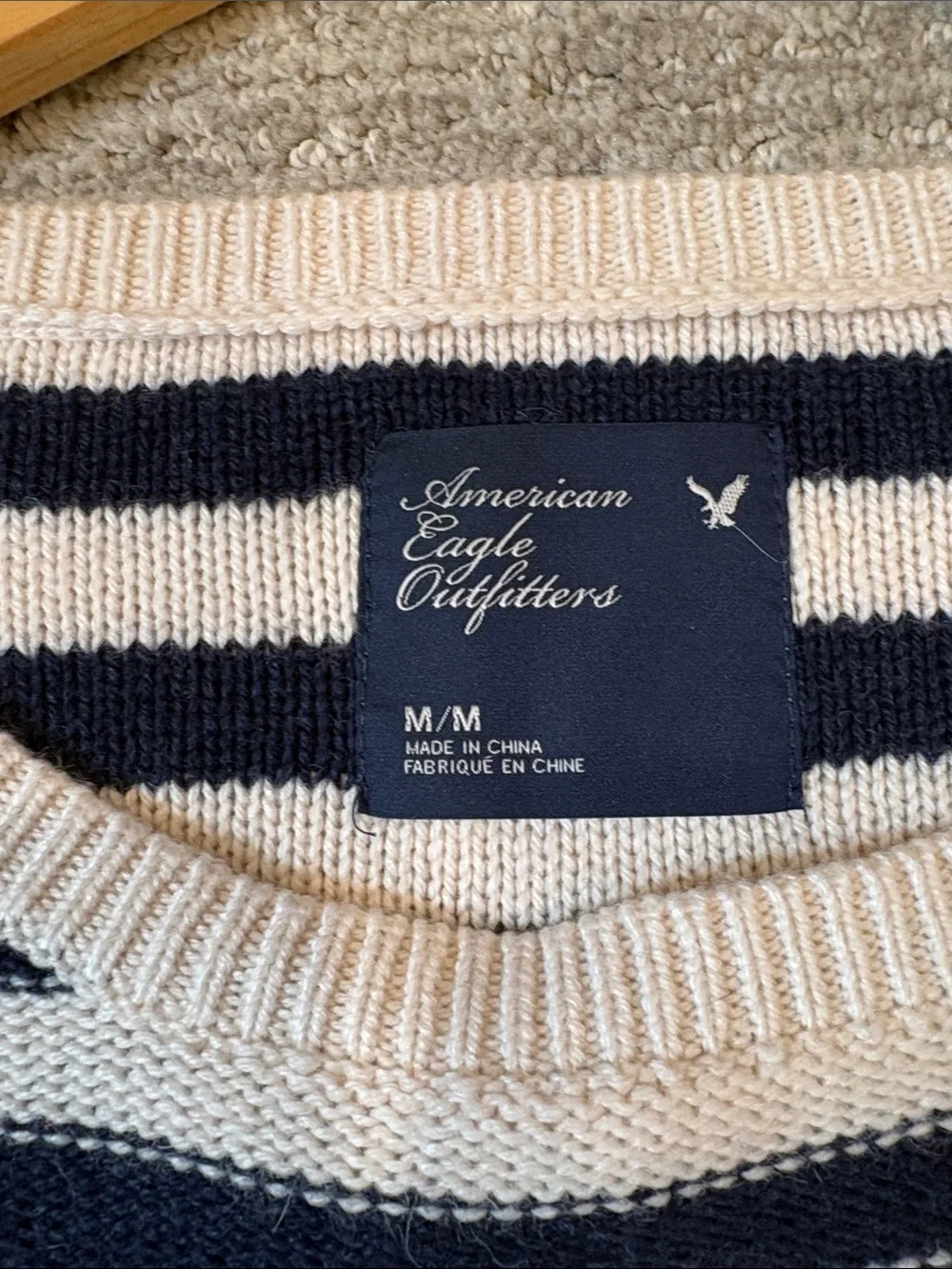 American Eagle Wool Blend Breton Stripe Sweater | Navy & Cream | Medium - Picture 4 of 9